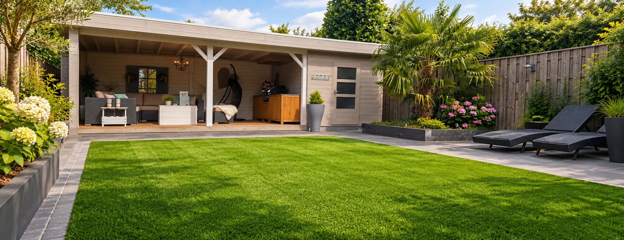 Garten mit überdachter Lounge am Gartenhaus, Palme, Liegen und großer Kunstrasenfläche