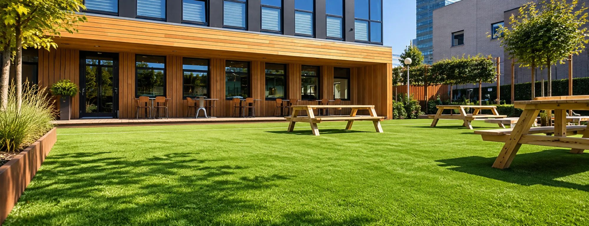 Kunstrasenfläche mit Picknicktischen aus Holz vor einem holzverkleideten Gastronomiegebäude, rechts junge Bäume vor einer Backsteinfassade