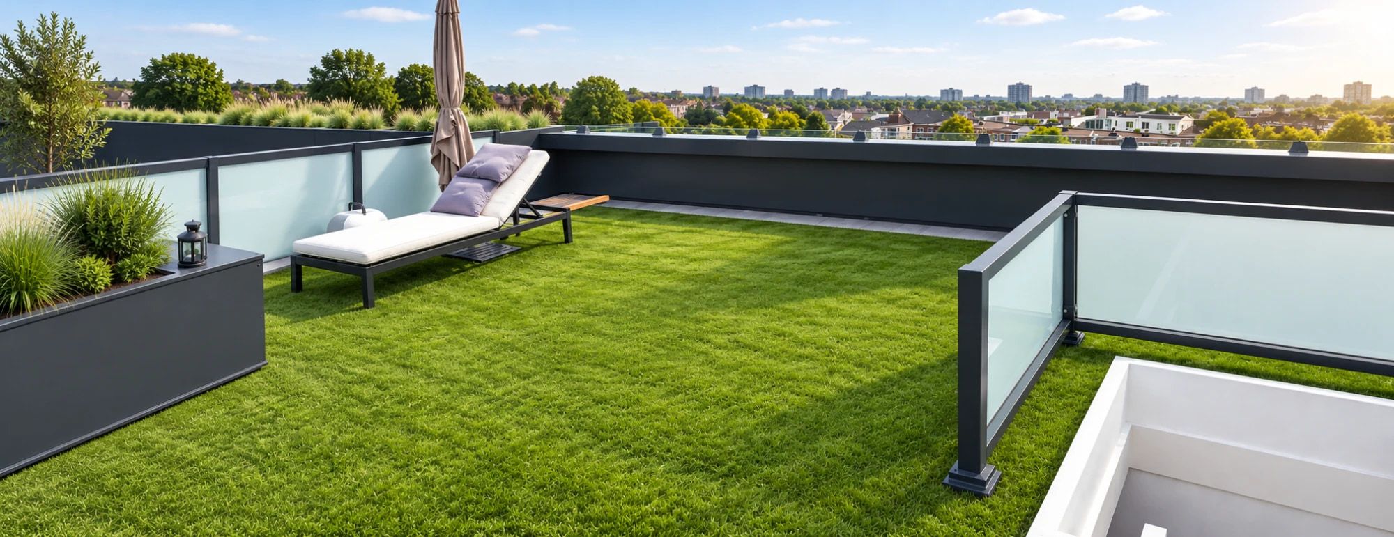 Dachterrasse mit Kunstrasen, Liege, Pflanzkübel und Glastrennwand, dahinter Bäume und die Dächer der Stadt
