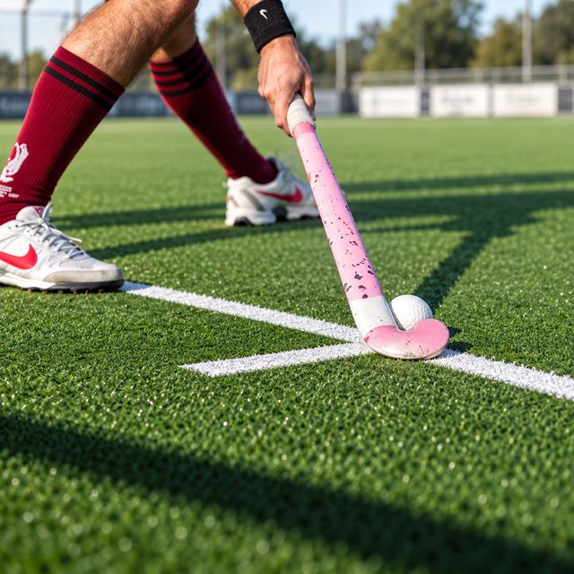 Hockeyschläger mit weißem Ball an einer Linie auf kurzflorigem Kunstrasen, dahinter ein Sportplatz mit Banden und Bäumen